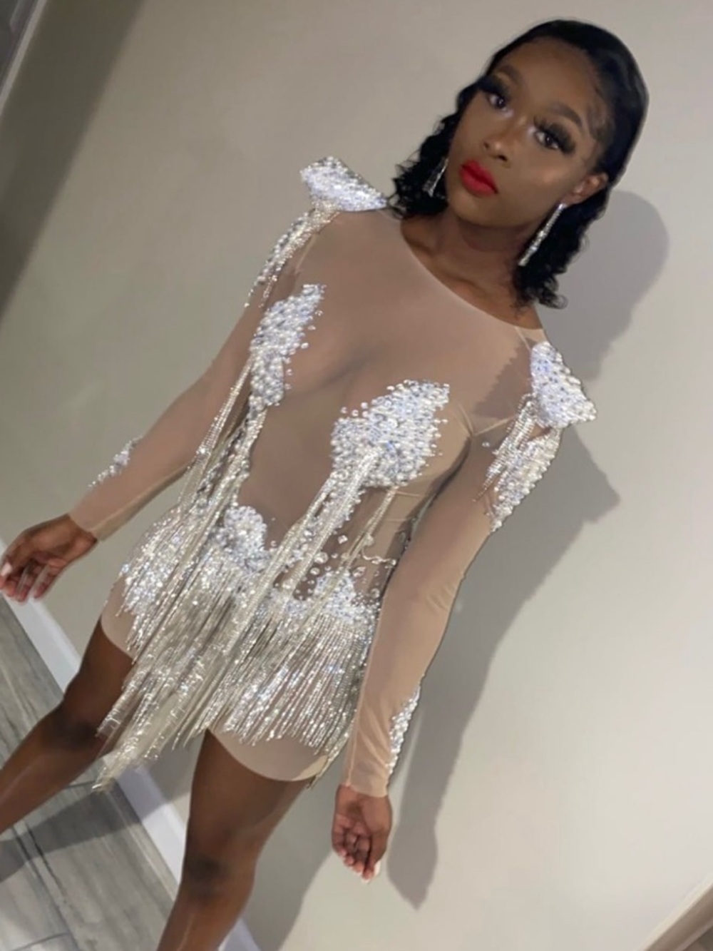 Alglist Nude Sheer Embellished Fringe Mini Dress